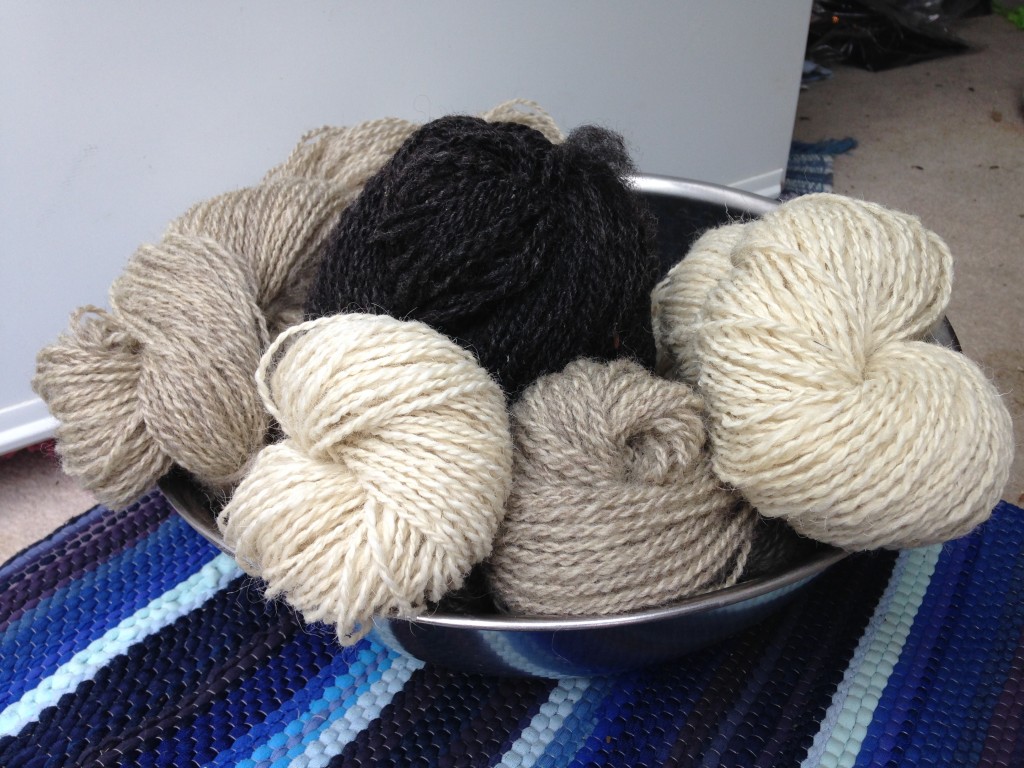 Skeins of handspun wool yarn